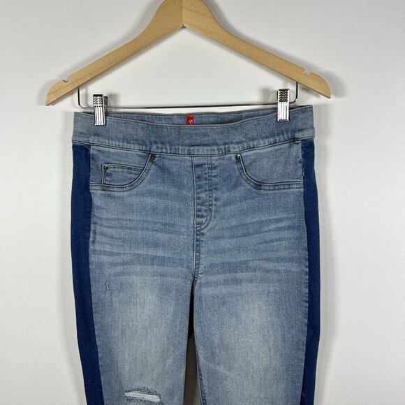 SPANX Jeans Women's Large Blue Two Tone Distressed Ankle Skinny Pull On jeans - Picture 3 of 11